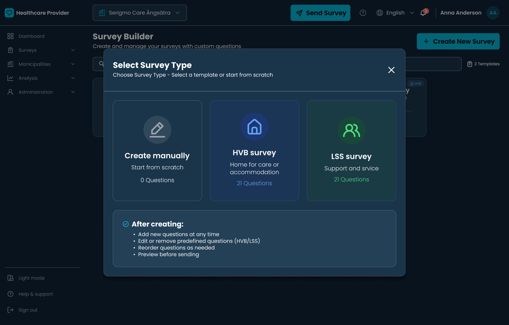 Create survey dialog offering manual build or starting from a predefined HVB or LSS template.